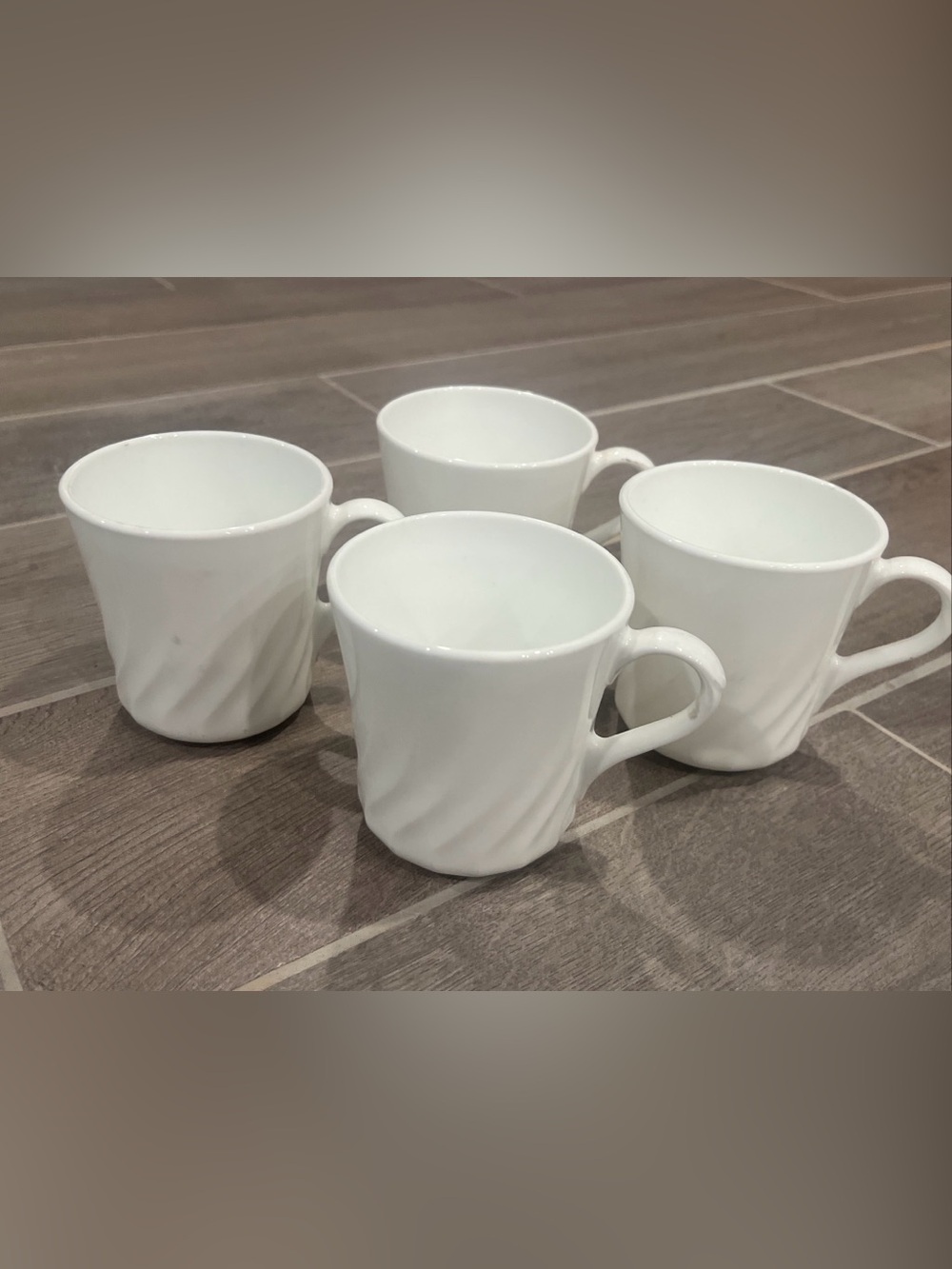 Set of 4 Corning Corelle Coffee Cups Mugs  Enhancements White Swirl USA 3.5”